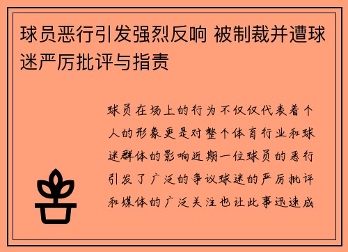 球员恶行引发强烈反响 被制裁并遭球迷严厉批评与指责