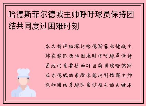 哈德斯菲尔德城主帅呼吁球员保持团结共同度过困难时刻