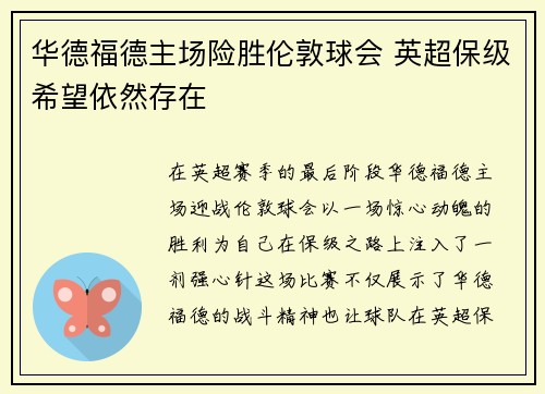 华德福德主场险胜伦敦球会 英超保级希望依然存在