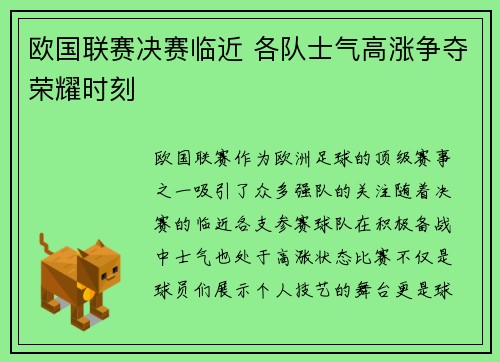 欧国联赛决赛临近 各队士气高涨争夺荣耀时刻