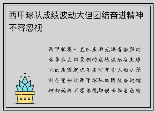 西甲球队成绩波动大但团结奋进精神不容忽视