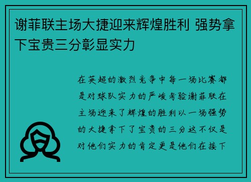 谢菲联主场大捷迎来辉煌胜利 强势拿下宝贵三分彰显实力